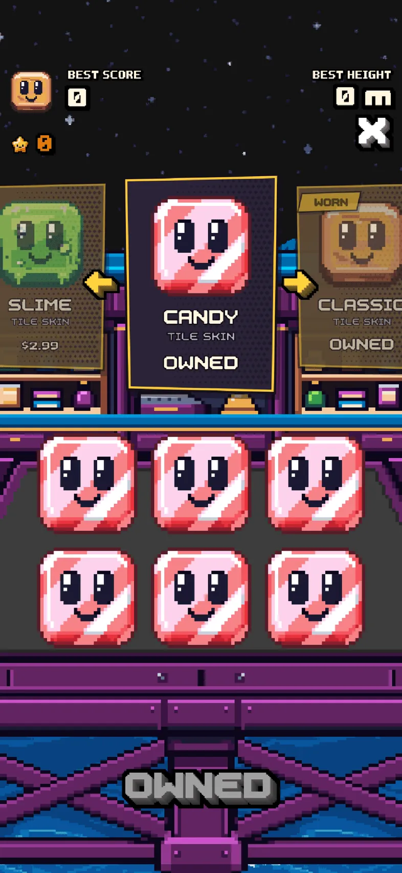 The shop, showing the pink-striped Candy tile skin.