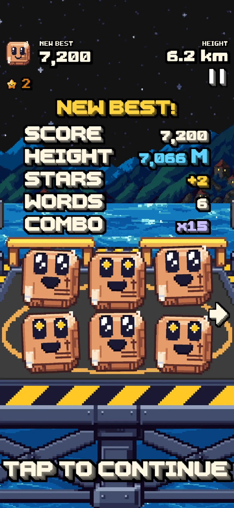 The results screen: NEW BEST! with score, height, stars, words and combo.