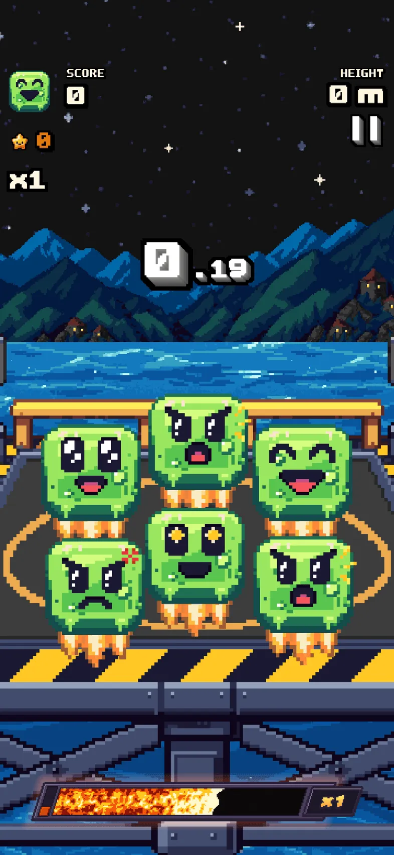 Six green slime tiles on the launch pad, jets lit, as the countdown reaches zero.