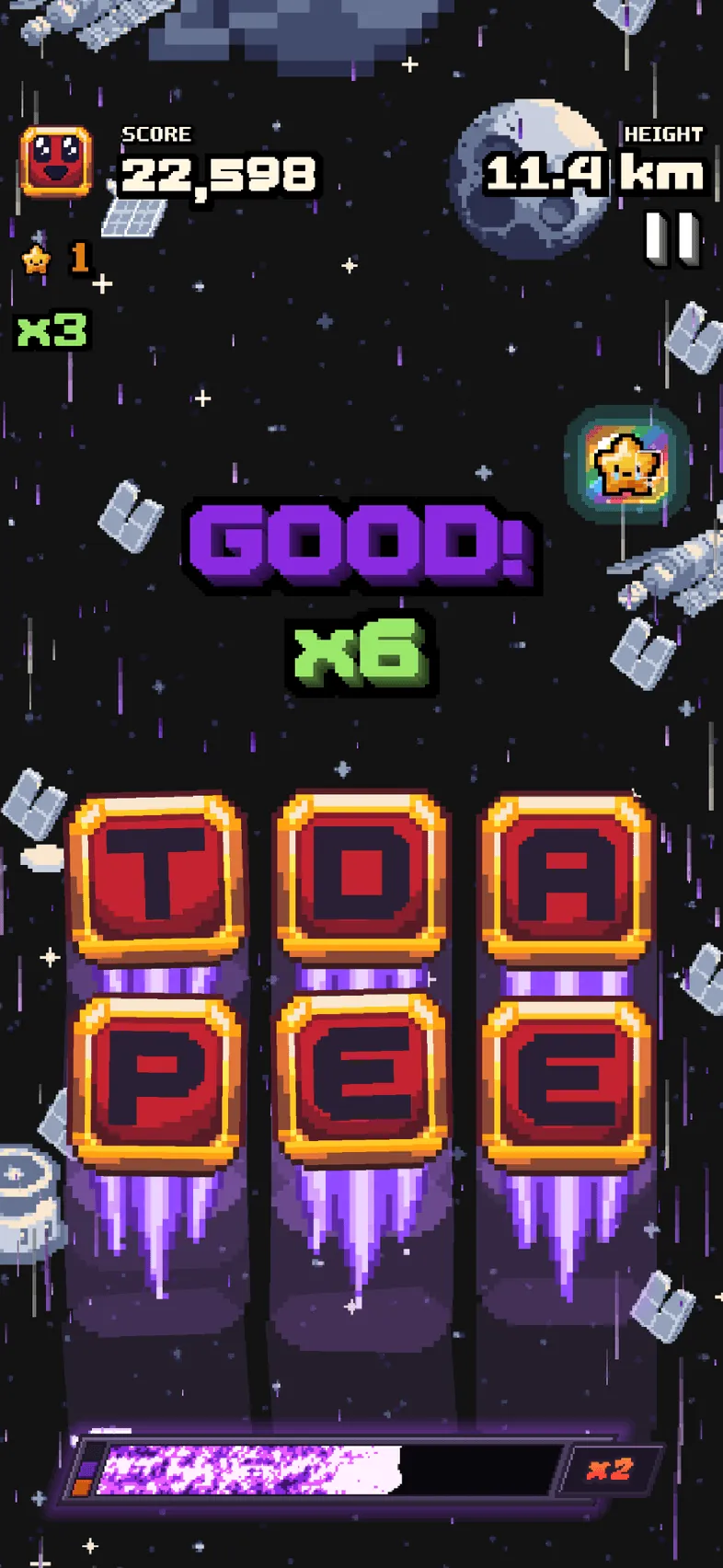 Six tiles showing the letters T, D, A, P, E and E at 11.4 km, with purple jets.