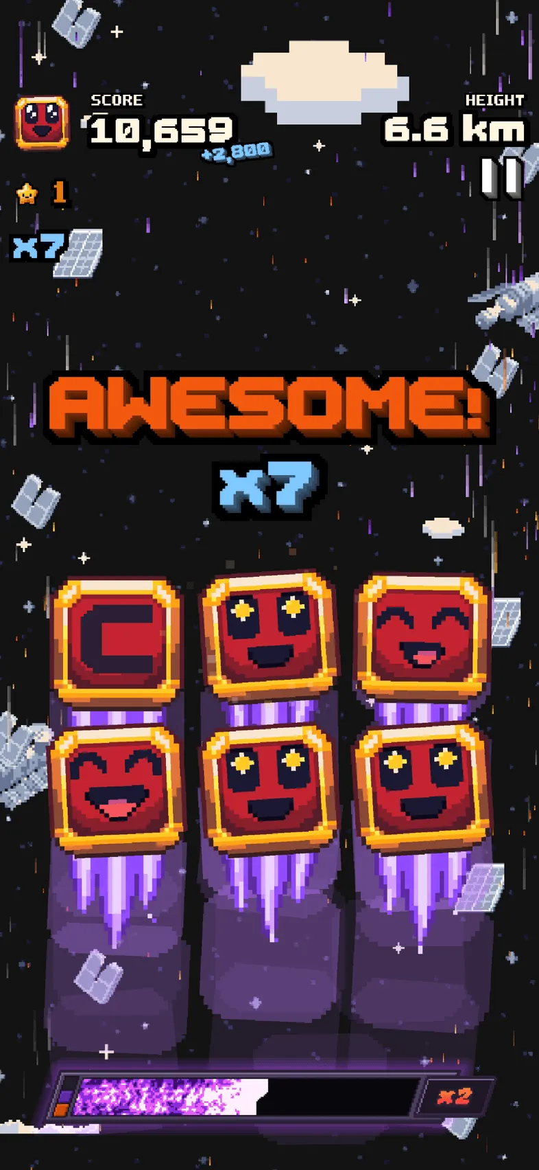 Red tiles with star eyes in space at 6.6 km with the word rating AWESOME! and a times-seven combo.